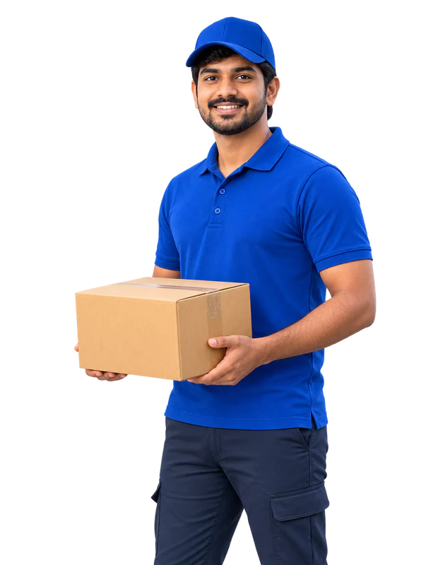 KeralaService doorstep assistance team member holding a parcel